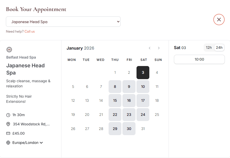 Belfast Head Spa booking page with Cal.com integration