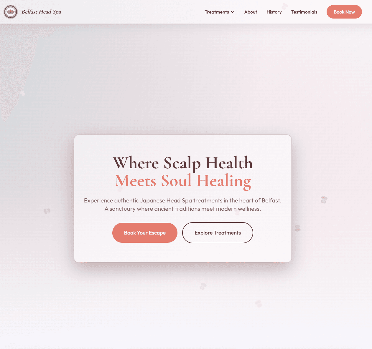 Belfast Head Spa homepage showing modern design with booking integration