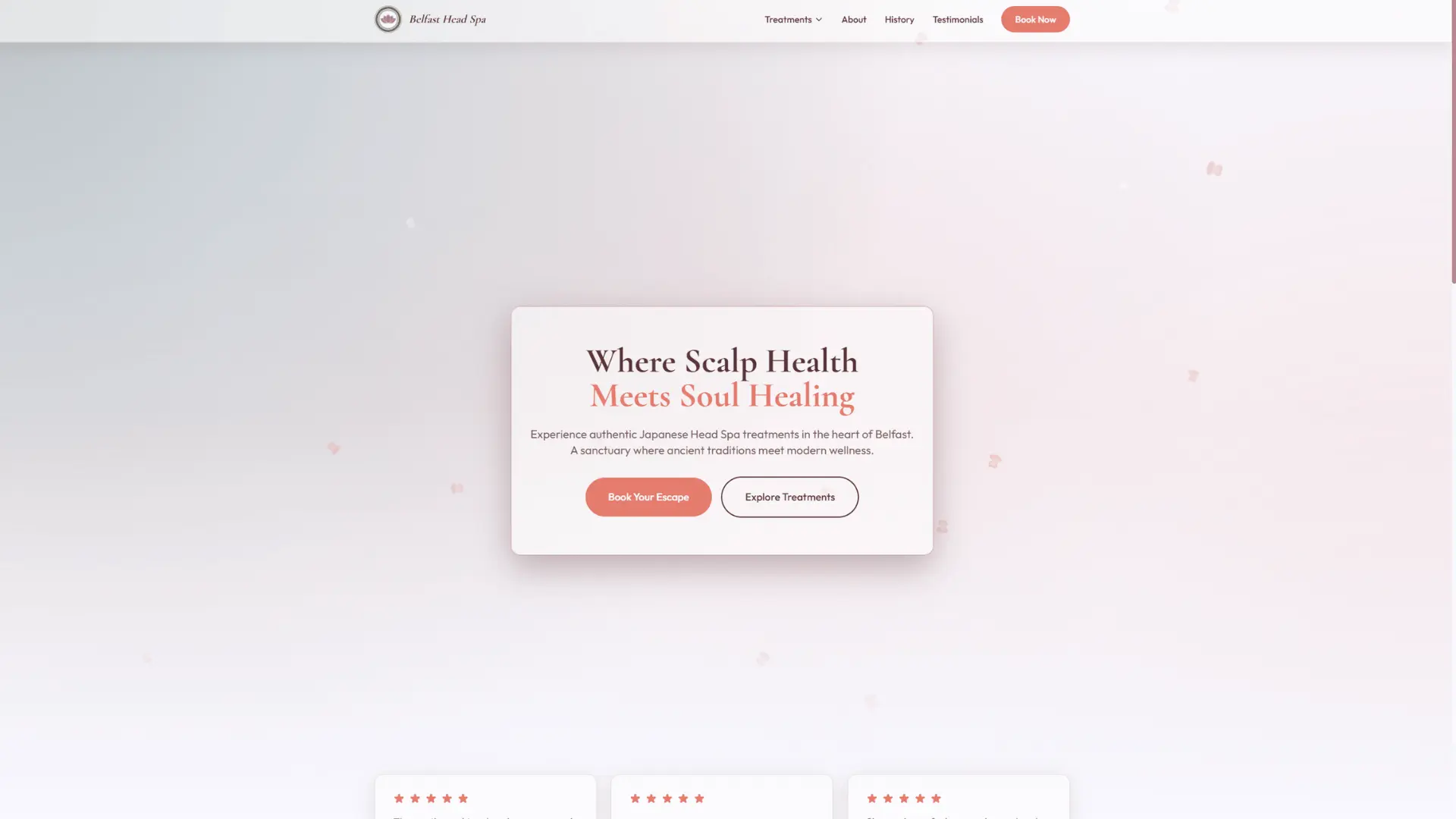 Belfast Head Spa homepage showing modern design with booking integration