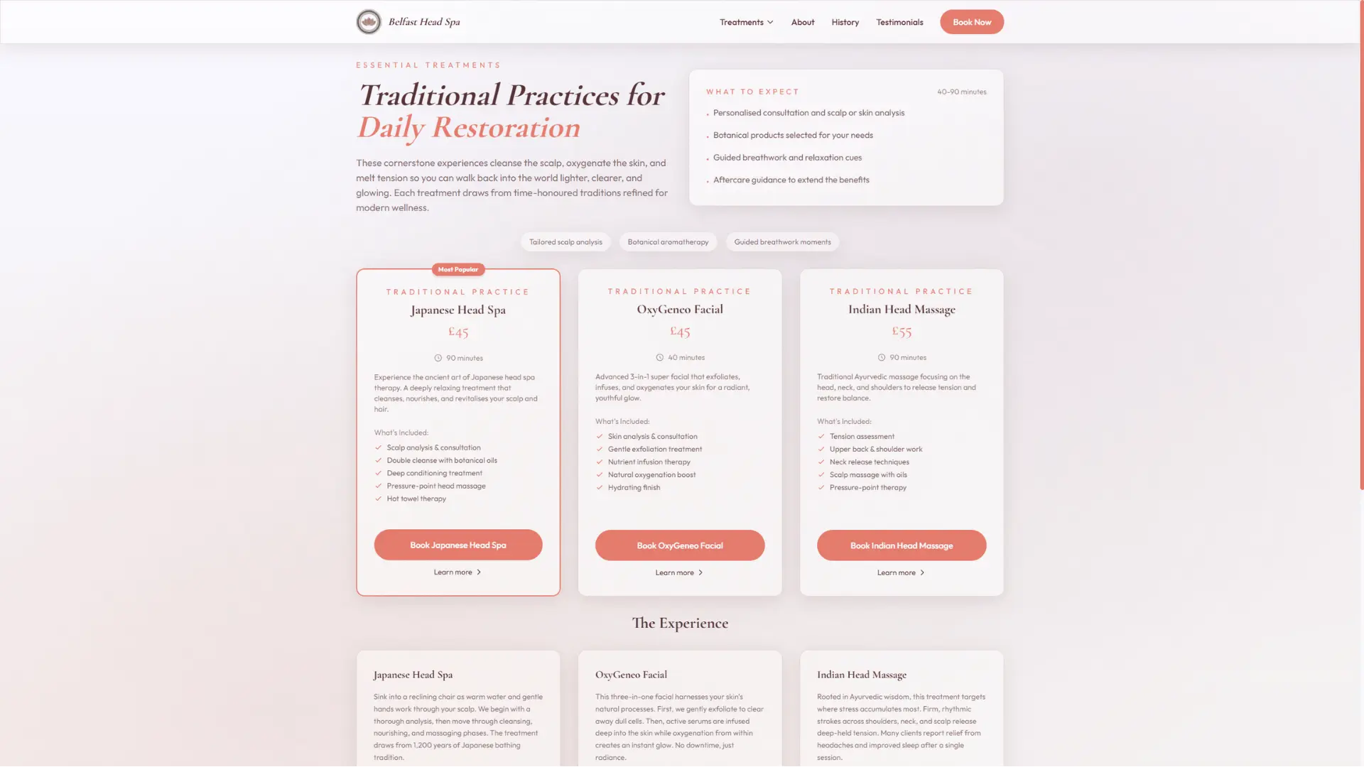 Belfast Head Spa treatments page